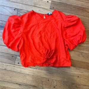 Marc New York Jeans Puff Sleeve Blouse | Red Linen Blend Twist Front Top